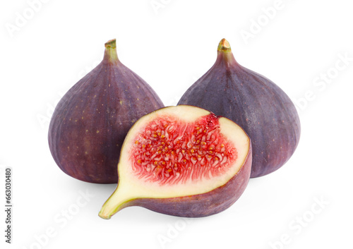 Whole and cut ripe figs isolated on white