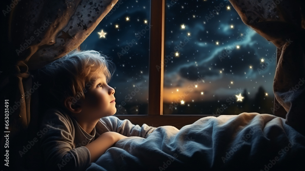 Boy sleeping and looking at the stars and the moon through the window. Magical and dreamlike image. Christmas and wise men concept. Boy sleeping and looking at the stars and the moon through the window. Magical and dreamlike image. Christmas and wise men concept.