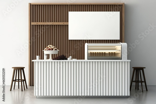 Café design Minimalist, White top, wood slat counter, Shelf, frame prototype, concrete floors -. Generative AI