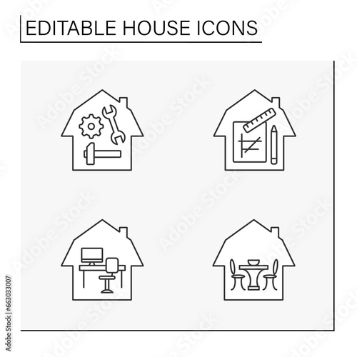 House line icons set. Householding, workplace and places for relaxations. Building concept. Isolated vector illustration. Editable stroke