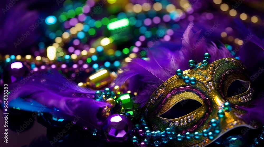 A Mardi Gras mask with beads and feathers. Generative AI. 