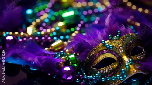 A Mardi Gras mask with beads and feathers. Generative AI. 