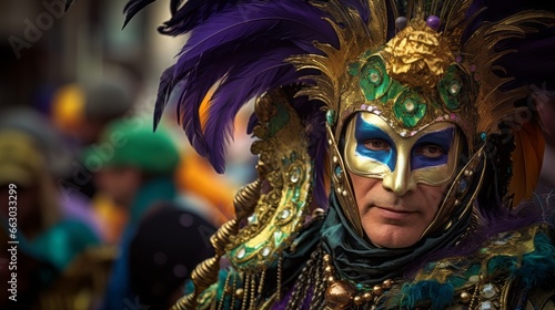 A person in a Mardi Gras mask with beads and feathers. Generative AI. 
