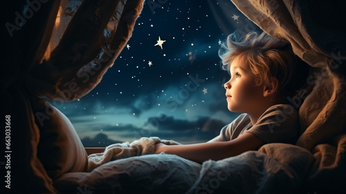 Boy sleeping and looking at the stars and the moon through the window. Magical and dreamlike image. Christmas and wise men concept.