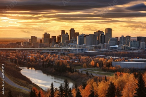 Wide view of a cityscape. Captured in Edmonton, Alberta, Canada. Generative AI