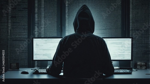 a hacker in a hooded sweatshirt is at a computer desk with two monitors