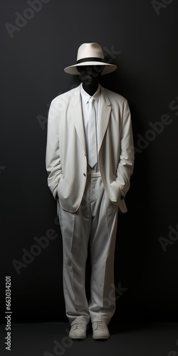 Colored man, in a white suit. Black and white.