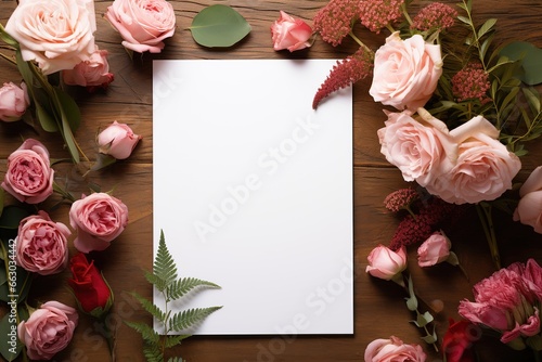 Flowers and blank card on wooden background. Flat lay, top view, AI Generated