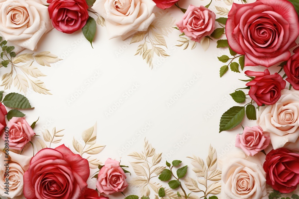 Flowers composition. Frame made of roses on white background with copy space, Ai Generated