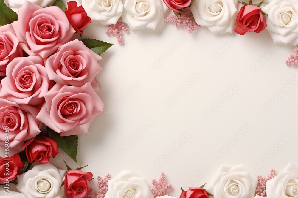 Frame made of beautiful roses on white background, top view. Space for text, Ai Generated