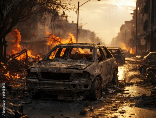 illustration of charred car in destroy city by hitting missile chaos war situation