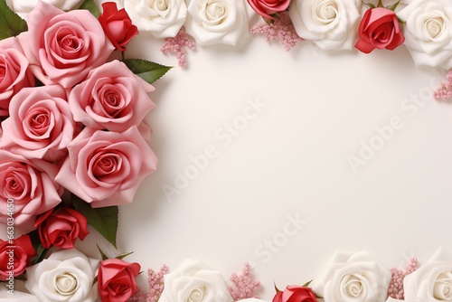 Frame made of beautiful roses on white background  top view. Space for text  Ai Generated
