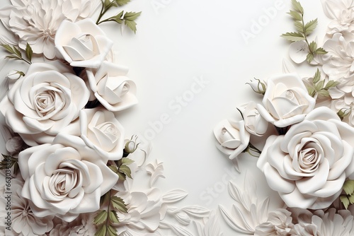 Frame made of white flowers on white background, Flat lay, top view, copy space, Ai Generated