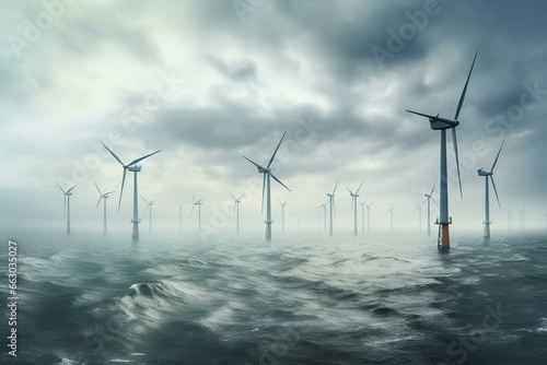 Offshore wind turbines on a cloudy morning. Generative AI