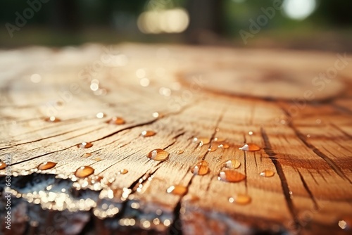 Close-up wooden surface with water droplets and blurred tree trunk in the background. Generative AI