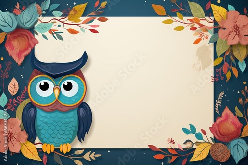 Owl and autumn leaves frame on dark blue background. Vector illustration, AI Generated photo