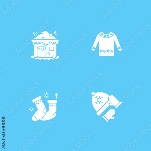 Winter vacation glyph icons set. Resort. Fun time with family. Skiing, skating. Christmas presents. Special date. Celebration concept.Filled flat signs. Isolated silhouette vector illustrations