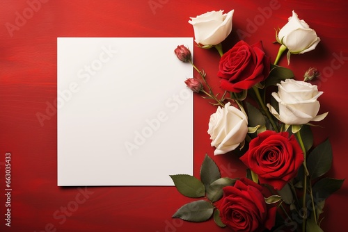 Red and white roses on a red background with a blank sheet of paper, AI Generated