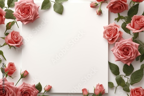 Top view of blank white paper with pink roses and green leaves on white background, Ai Generated