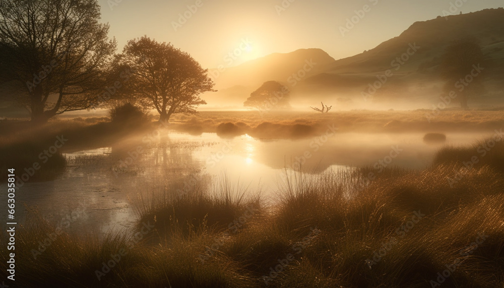 Fototapeta premium Tranquil scene of nature beauty at sunset over mountain range generated by AI