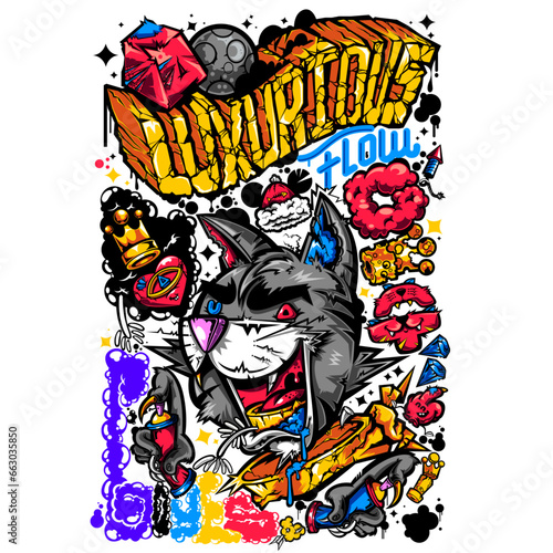 Graphic tshirt design urban animal style graffiti Cat A luxiurious flow