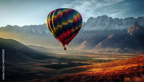 Flying hot air balloon over mountain range, extreme adventure sport generated by AI