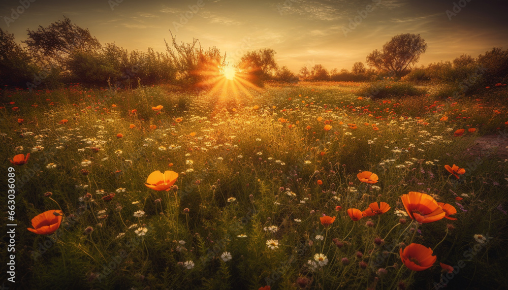 Obraz premium Vibrant wildflowers bloom in tranquil meadow at summer sunset generated by AI