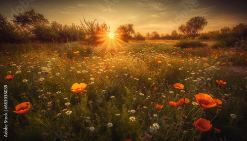 Vibrant wildflowers bloom in tranquil meadow at summer sunset generated by AI