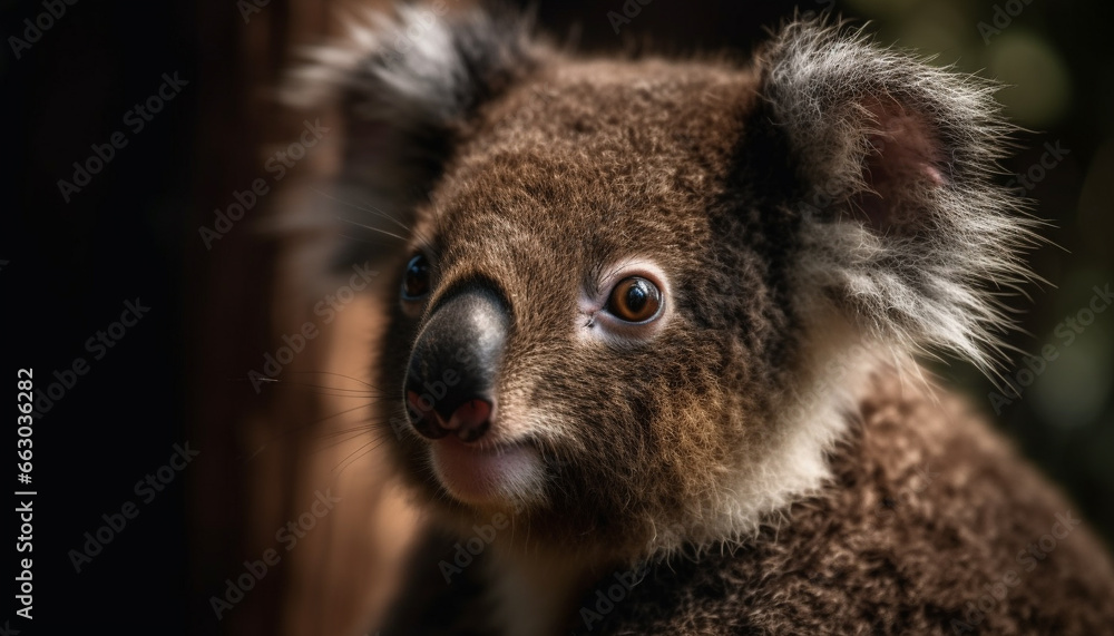 Cute koala, fluffy fur, looking at camera, small animal portrait generated by AI