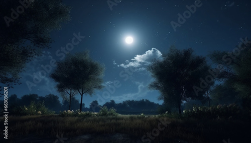 Night sky, tree silhouette, moonlight, stars, Milky Way, mysterious beauty generated by AI