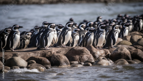 Group of penguins waddling on the rocky African coastline generated by AI © djvstock