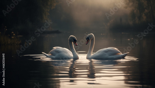 Swan glides on tranquil pond, reflecting elegance of nature generated by AI