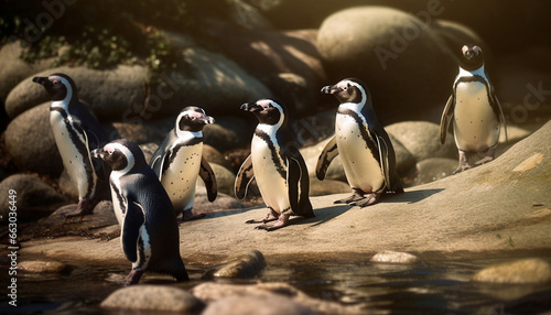 Group of cute penguins waddling on the African coastline generated by AI
