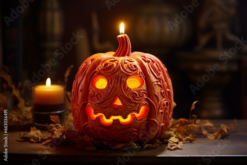 a pumpkin with a lit candle. Generative AI © Gia