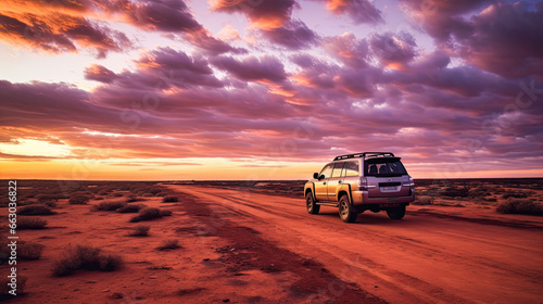 Australia red sand unpaved road and 4x4 at sunset Francoise Peron Shark Bay
