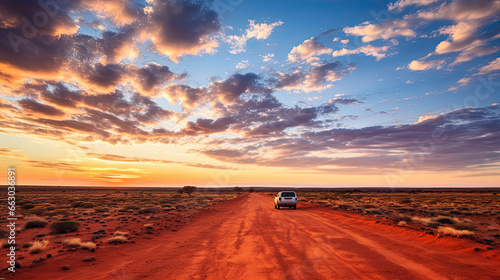 Australia red sand unpaved road and 4x4 at sunset Francoise Peron Shark Bay © Ziyan Yang