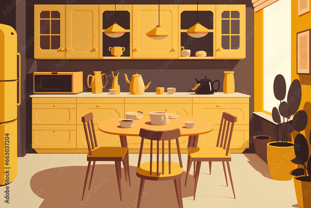 Fototapeta premium drawing, eating and food preparation areas, interior scene and mockup, The furniture color contrasts nicely with the room's yellow tones. Generative AI