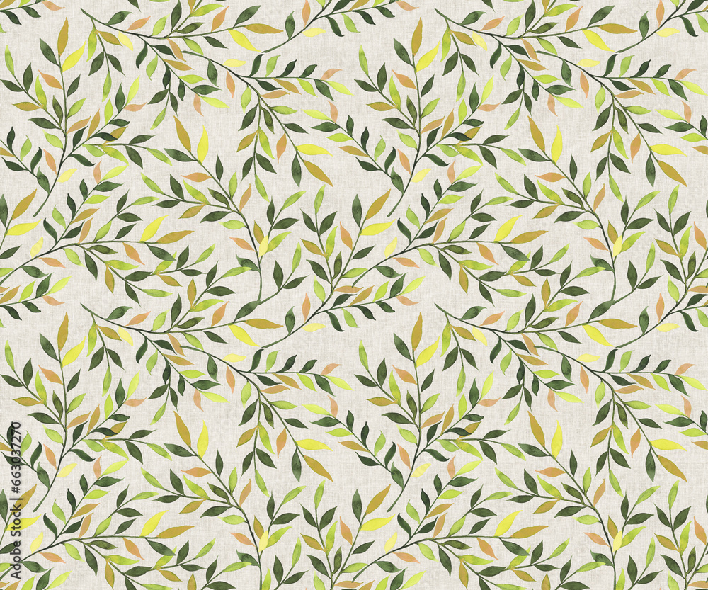 seamless watercolor pattern with leaves branches, yellow leaves branches and flowers, freehand drawing in pencil illustration, seamless pattern seamless watercolor pattern with leaves branches, yellow leaves branches and flowers, freehand drawing in pencil illustration, seamless pattern
