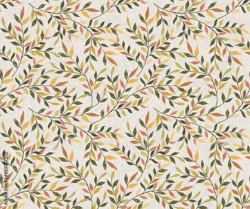 seamless watercolor pattern with leaves branches  orange leaves branches and flowers  freehand drawing in pencil illustration  seamless pattern