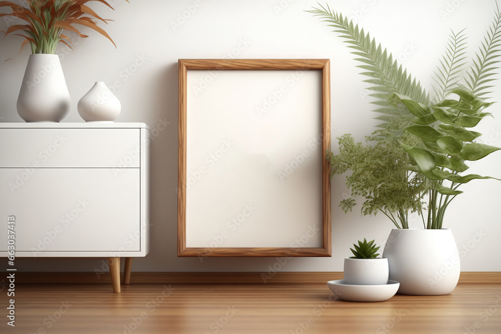 Blur background, mock-up timber frame, close-up of comfortable wooden living room with lounge chairs, rattan toilet, and potted plant. a herringbone floor. Nordic modern interior architecture, for