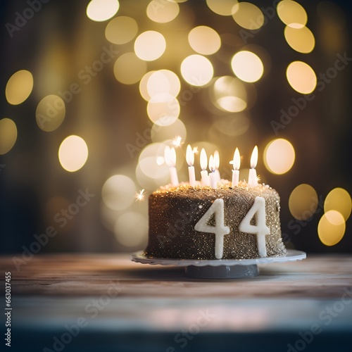 Birthday cake with number 44 year old on top on bokeh background.