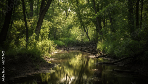 Tranquil scene of a green forest, reflecting in a flowing pond generated by AI © djvstock