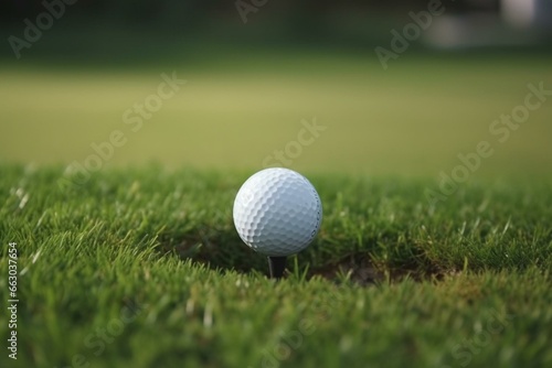 Closeup of golf ball and club on green grass course. Outdoor sport game. Generative AI