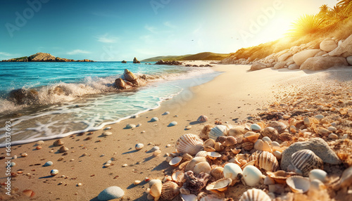 Idyllic summer coastline, water wave, sunset, tropical climate, tranquil scene generated by AI