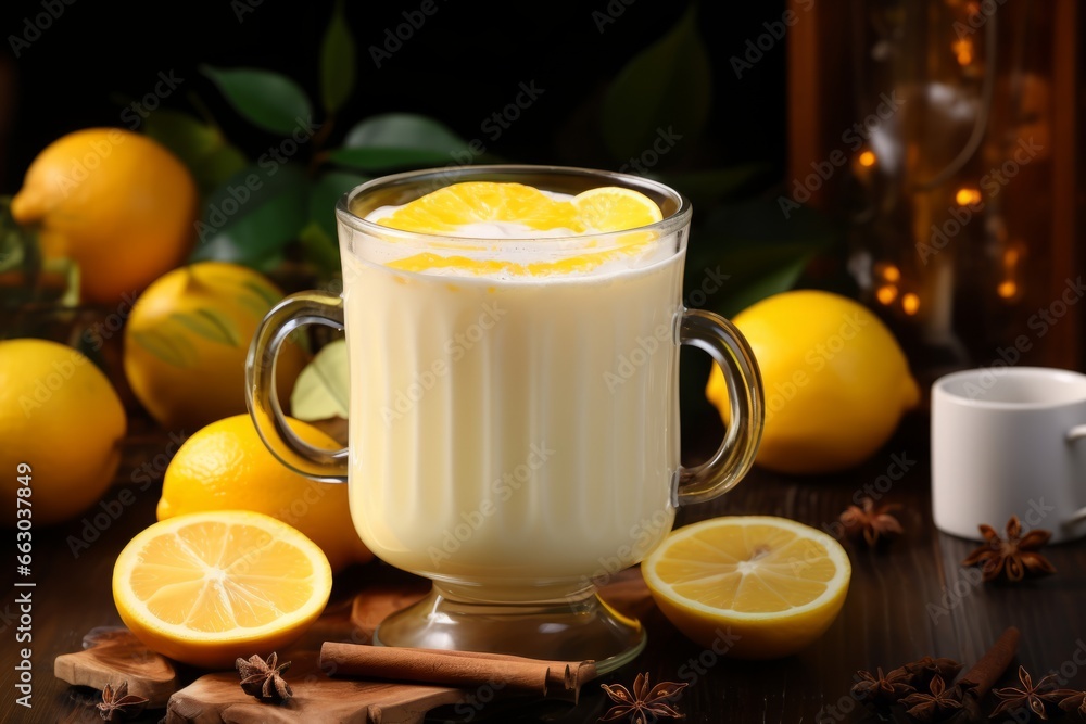 A refreshing Lemon Vanilla Latte served in a clear glass mug, surrounded by fresh lemons and vanilla beans, under the soft glow of morning light A refreshing Lemon Vanilla Latte served in a clear glass mug, surrounded by fresh lemons and vanilla beans, under the soft glow of morning light