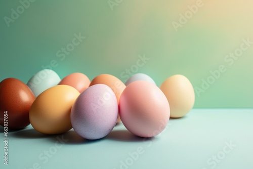 Colorful Easter eggs displayed against a pastel background. Generative AI