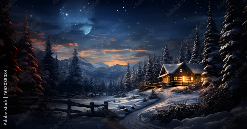 Mystical Winter Wonderland, Illuminated Cabin Amidst Snowy Christmas Forest