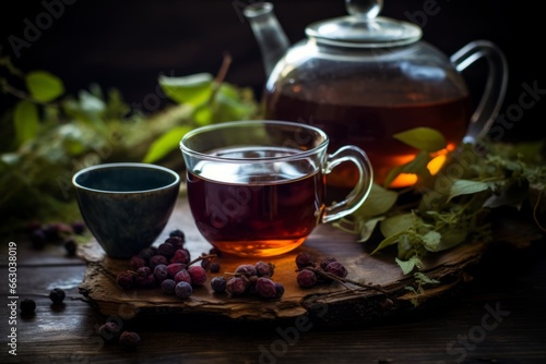 A steaming cup of Uva Ursi tea sitting on a rustic wooden table, surrounded by fresh Uva Ursi leaves and a vintage teapot in the soft morning light