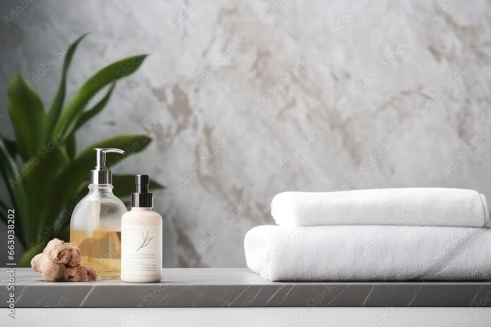 Beautiful spa composition on table in health and beauty center. Body care and cosmetics in a modern and minimalist bathroom. Spa concept. Place for text Beautiful spa composition on table in health and beauty center. Body care and cosmetics in a modern and minimalist bathroom. Spa concept. Place for text