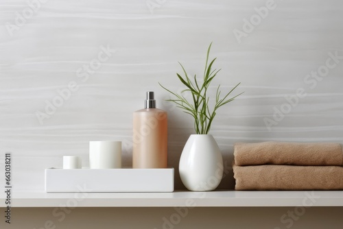 Beautiful spa composition on table in health and beauty center. Body care and cosmetics in a modern and minimalist bathroom. Spa concept. Place for text